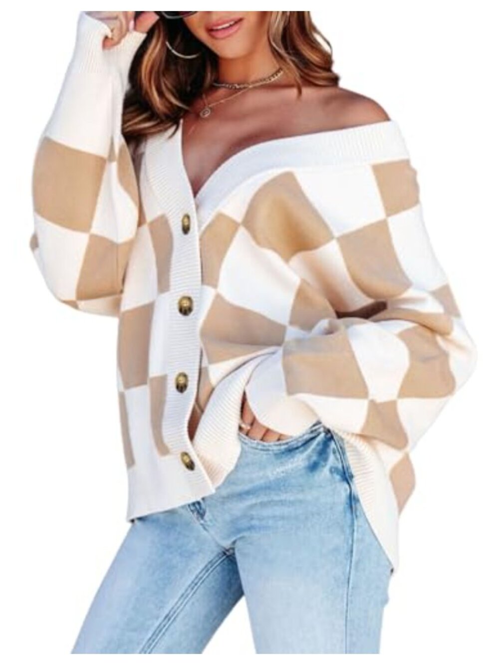 Oversized Cable Knit Cardigan V Neck Button Down Long Sleeve Plaid
